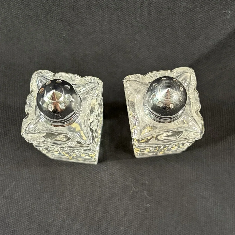 Vintage Hand Cut Lead Crystal Salt Pepper Shakers Japan Chrome Tops
